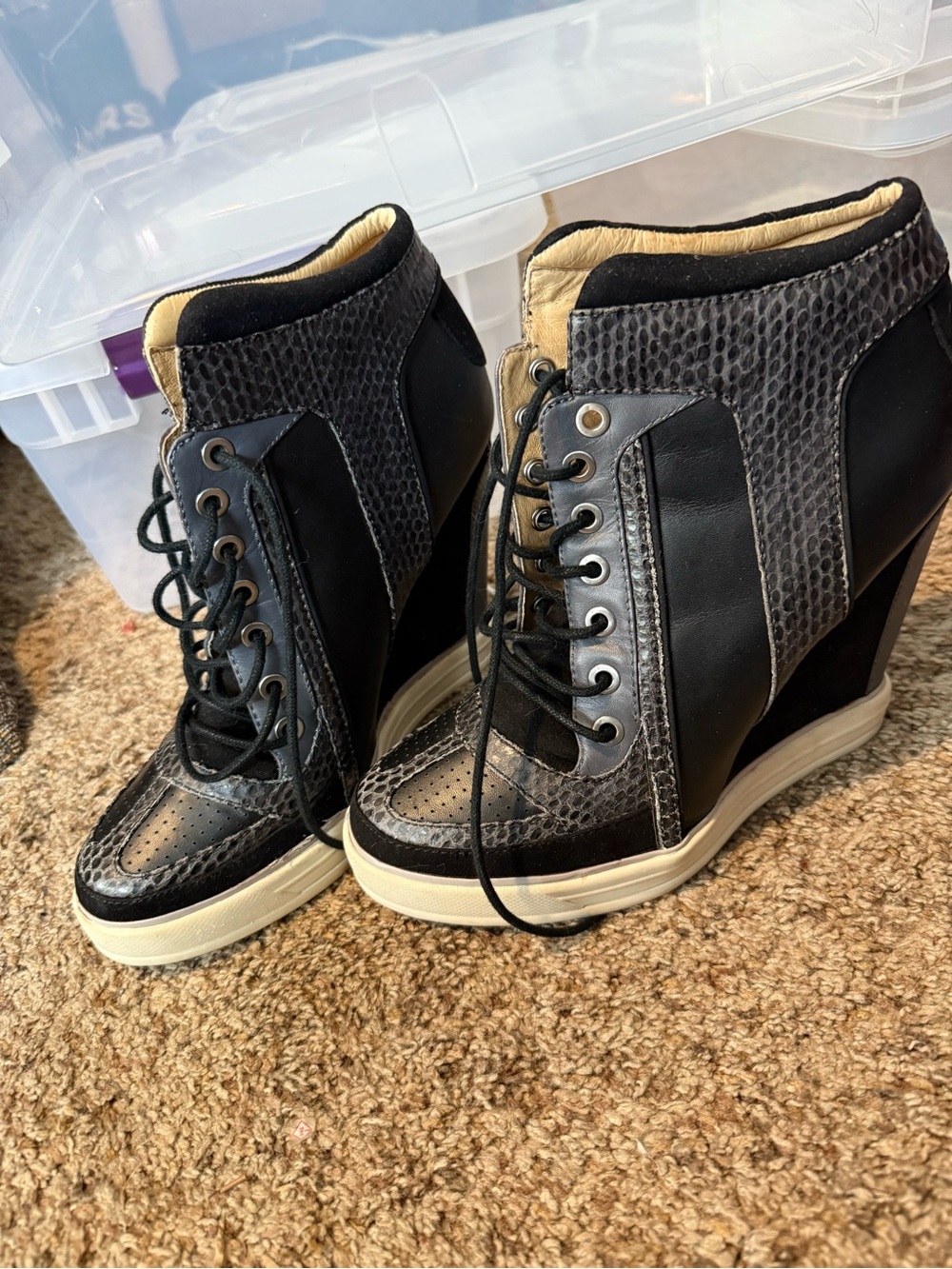 L.A.M.B. Black and Cream Wedge Lace-Up Ankle Boots